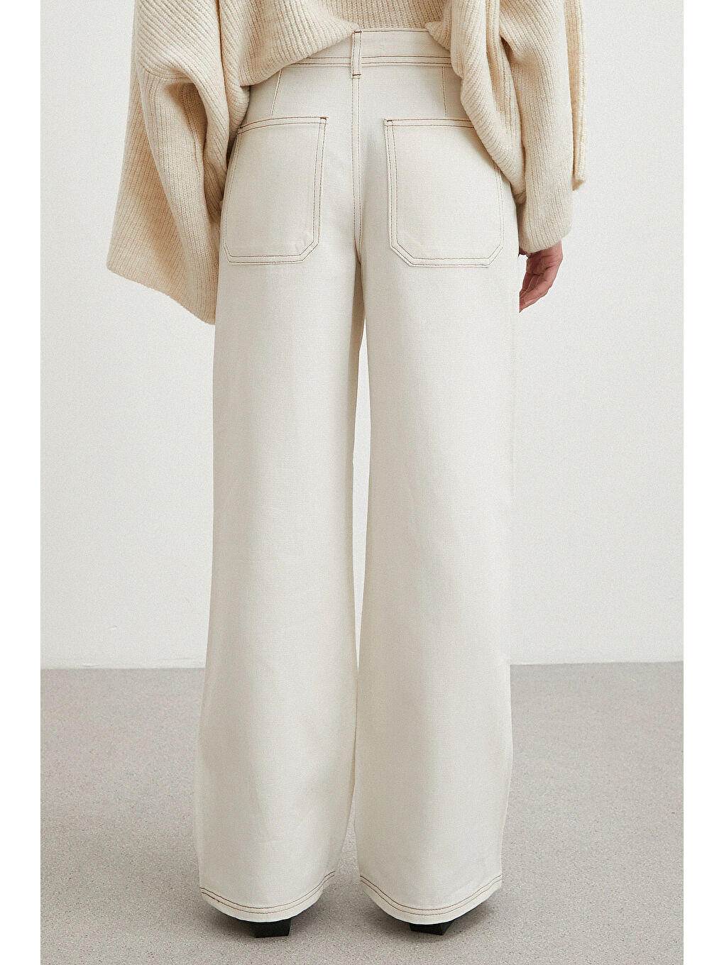 Yüksek Bel Baggy Jean Kırık Beyaz-5