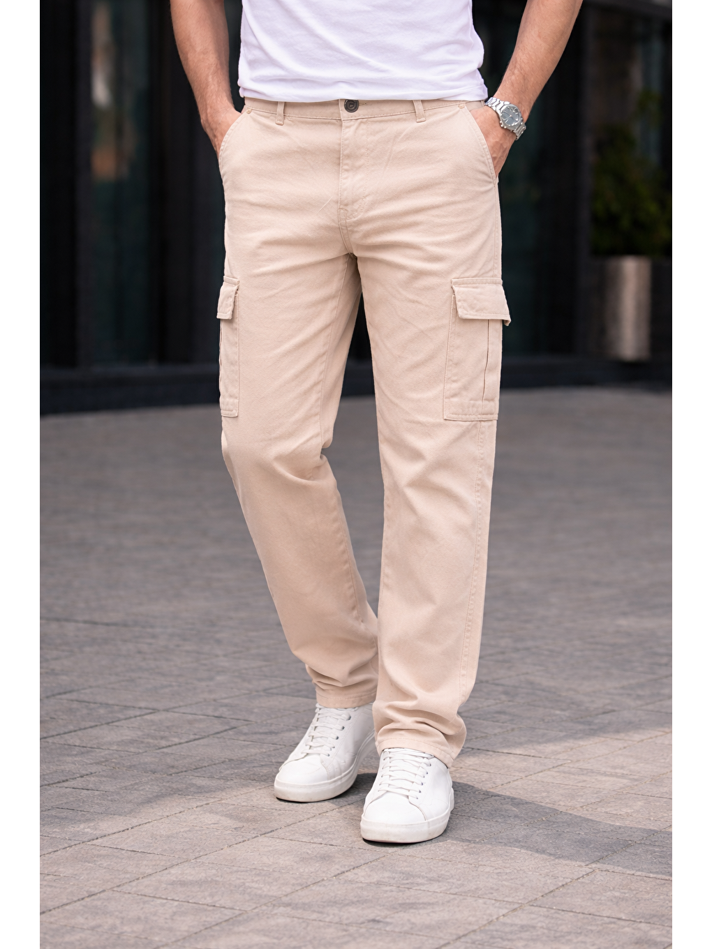 Erkek Trend Bol Paça Günlük Kargo Bej Baggy Pantolon