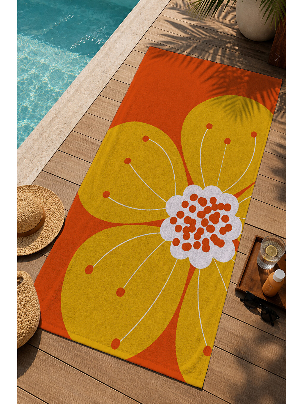 Turuncu Sarı Büyük Retro Çiçek Desenli 70x150 Cm Dijital Baskılı Plaj Ve Banyo Havlusu-2