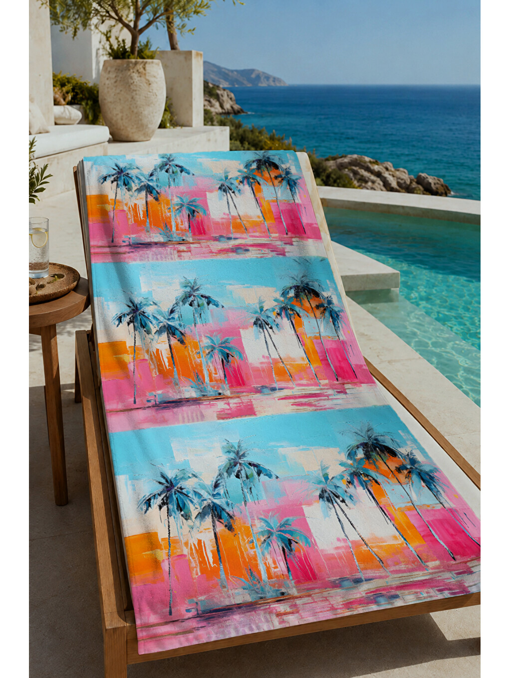 Pembe Renkli Tropikal Yaprak Şerit Desenli 70x150 Cm Dijital Baskılı Plaj Ve Banyo Havlusu