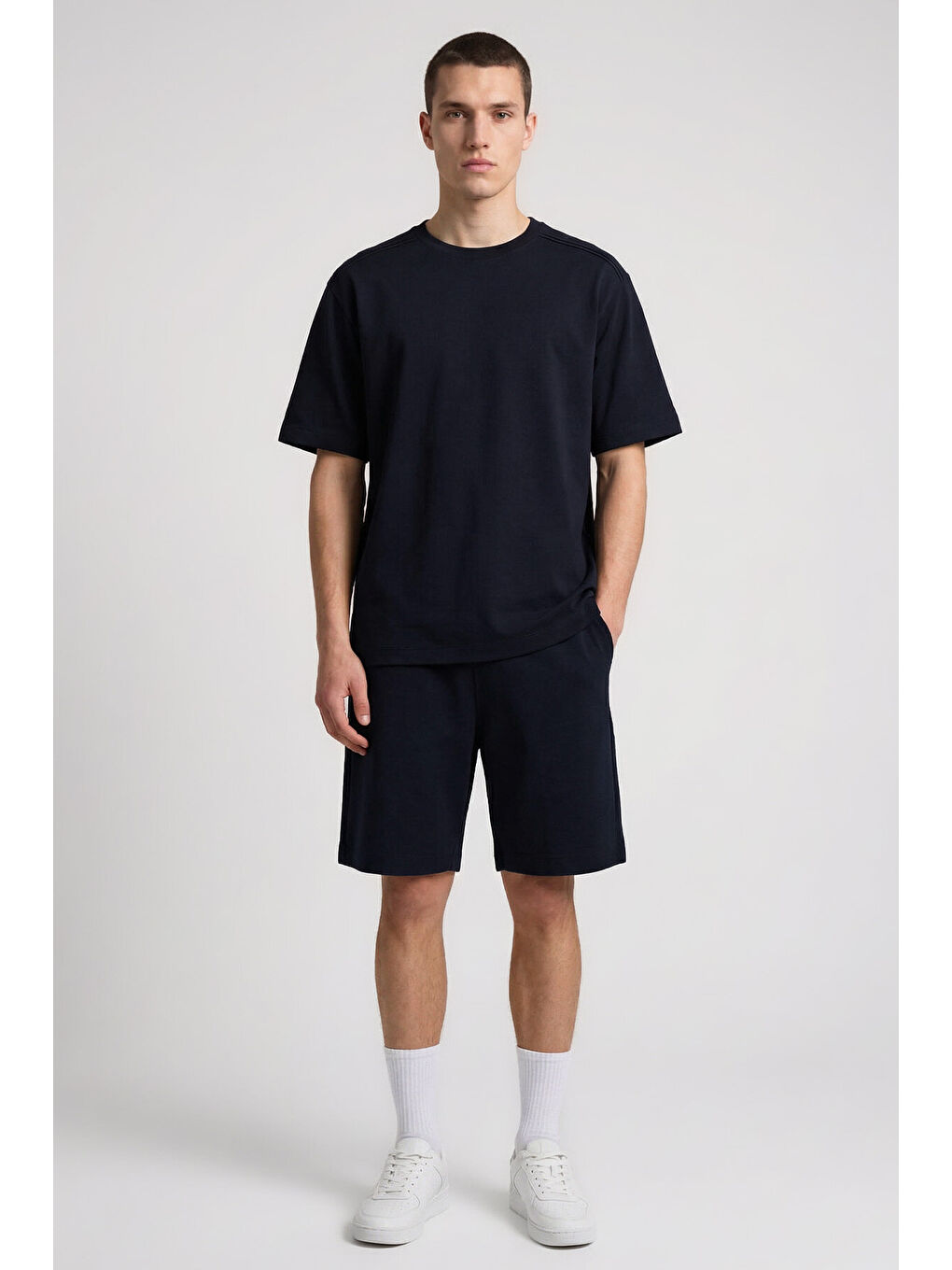 Lacivert Oversize Fit Basic Erkek Şort Takım - 85292