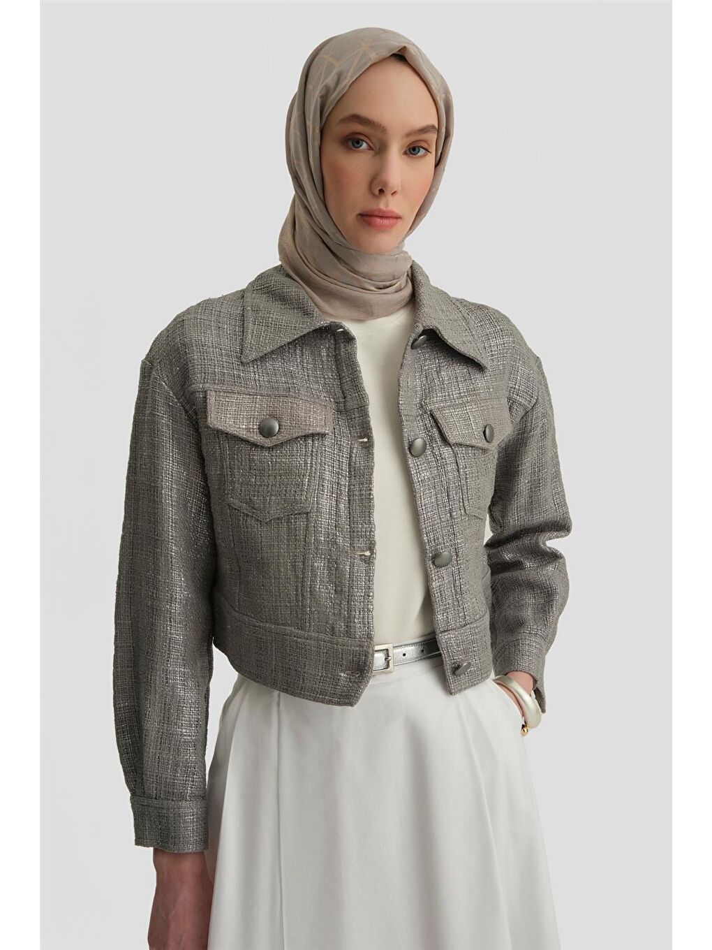 Parlak Baskılı Tüvit Ceket 25Y5900 Gri-1