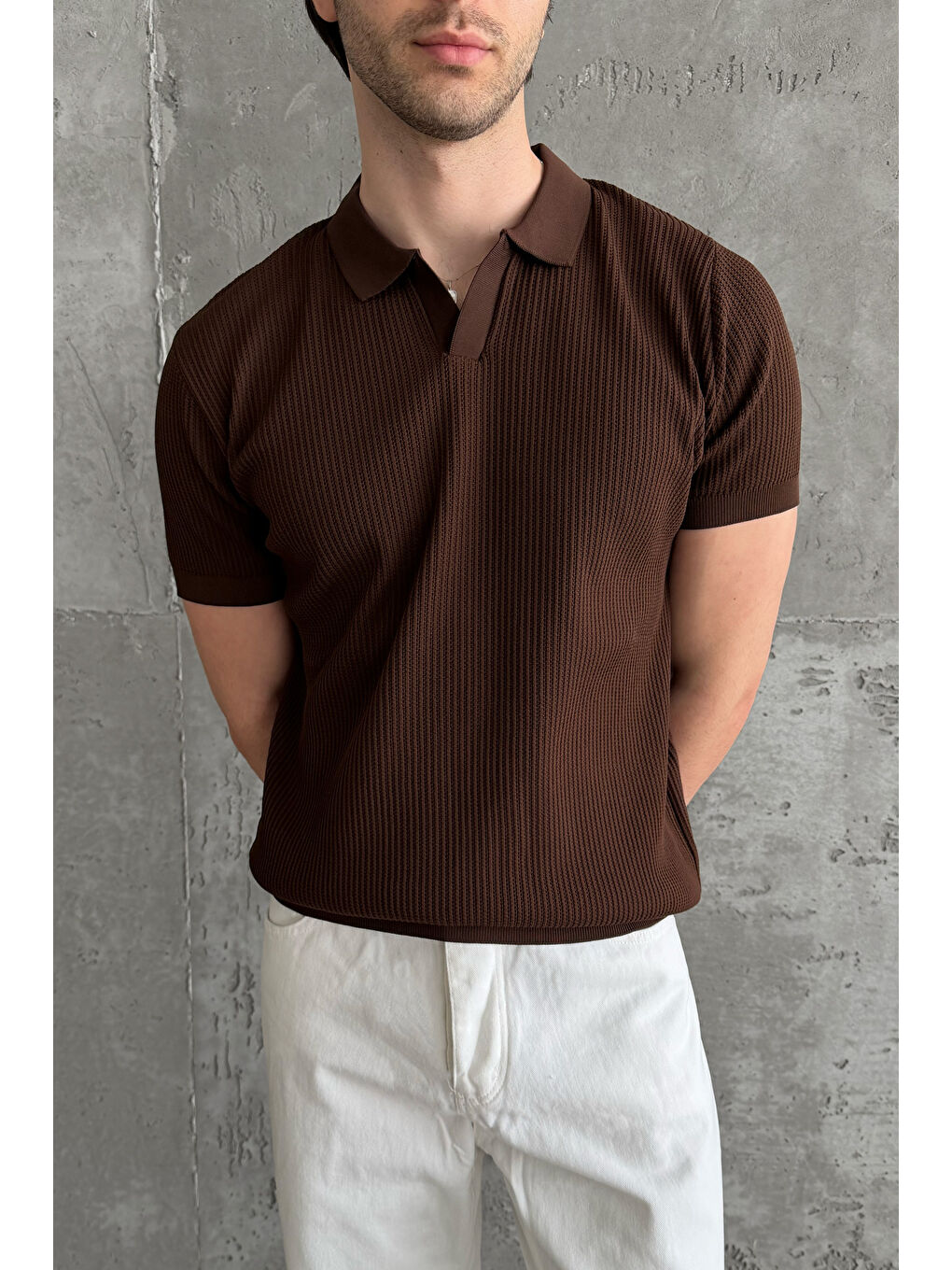 Kahverengi Erkek Petek Desen Polo Yaka Triko T-shirt-1