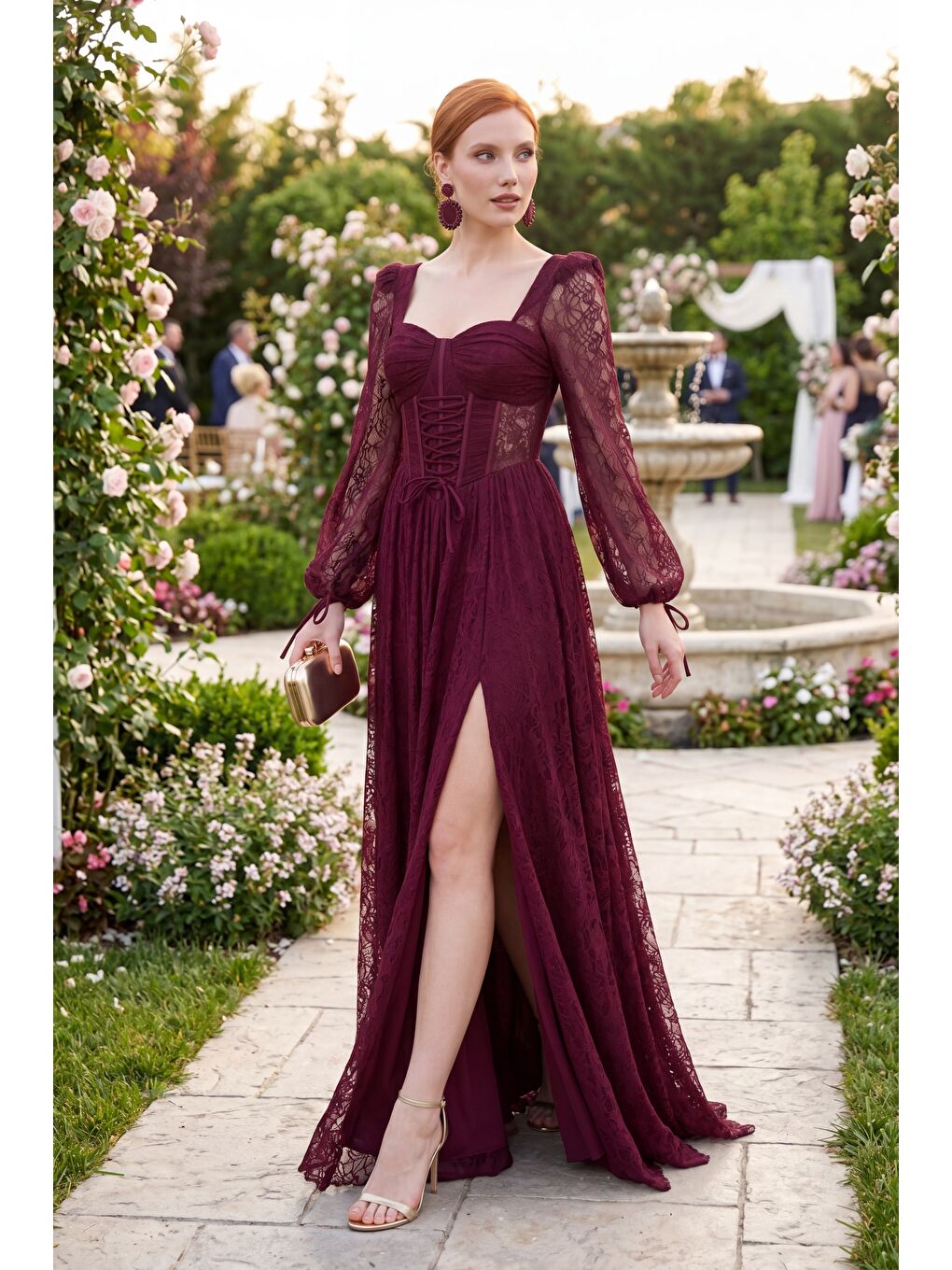 Kadın Bordo Dar Kalıp Uzun Kol Bacak Dekolteli Dantelli Abiye Elbise-4