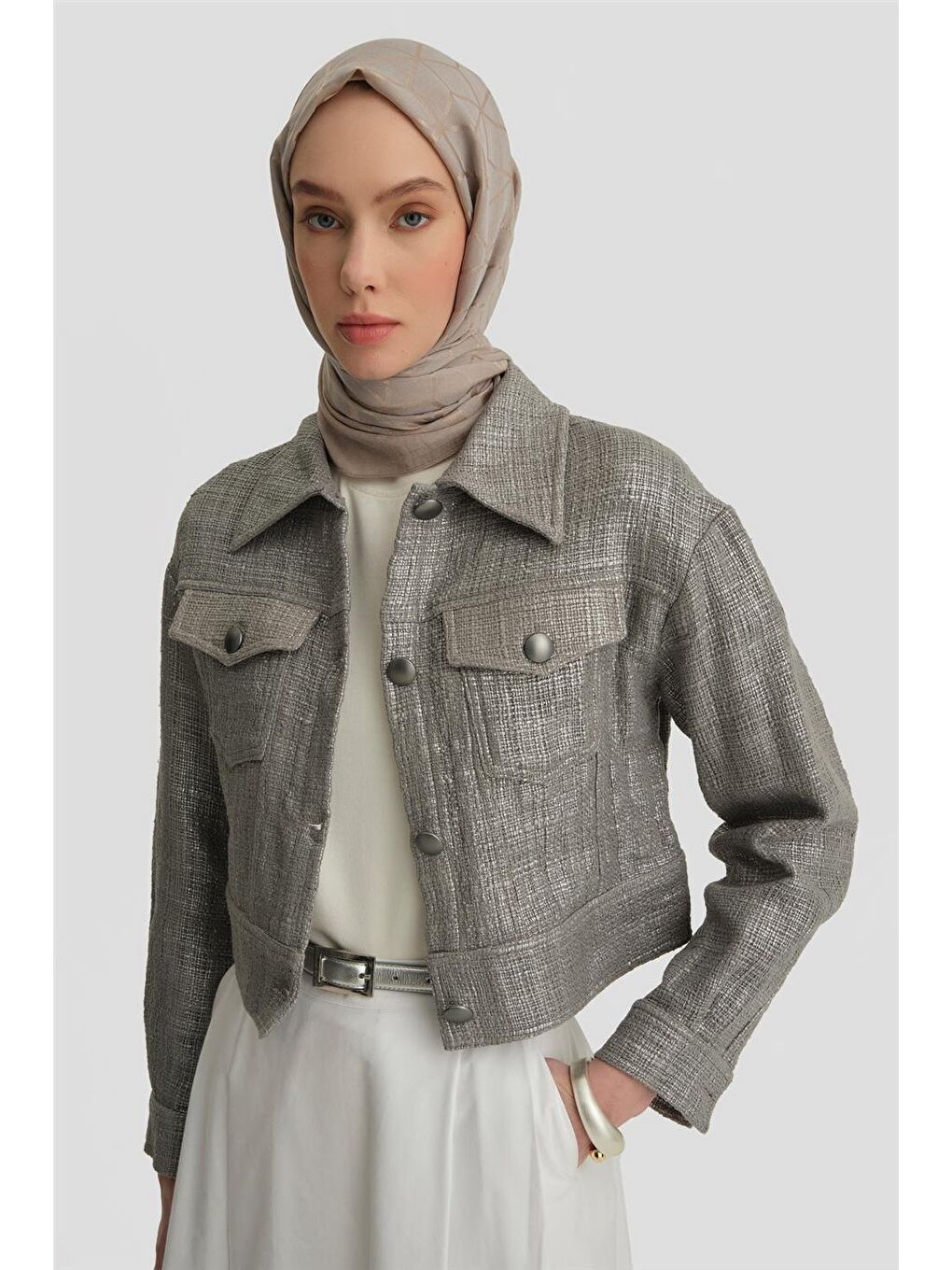 Parlak Baskılı Tüvit Ceket 25Y5900 Gri-3