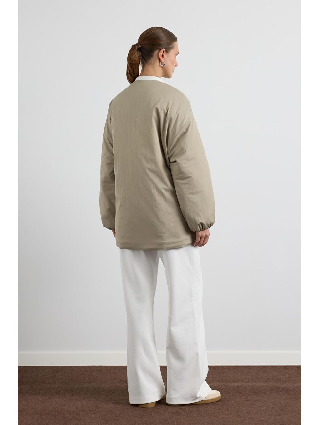 Bej Fermuarlı Şişme Mont Taş-5