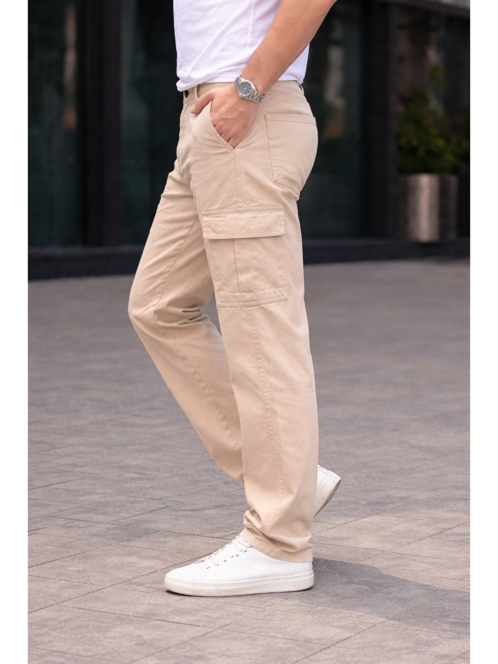 Erkek Trend Bol Paça Günlük Kargo Bej Baggy Pantolon-1