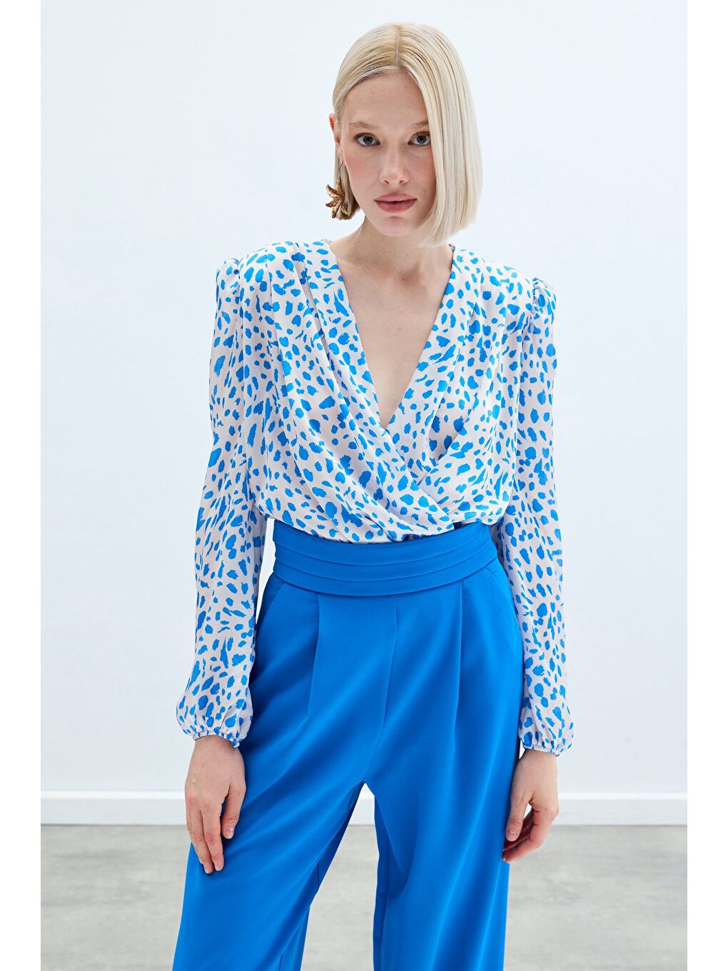 Kruvaze Desenli Bodysuit - Lacivert-1