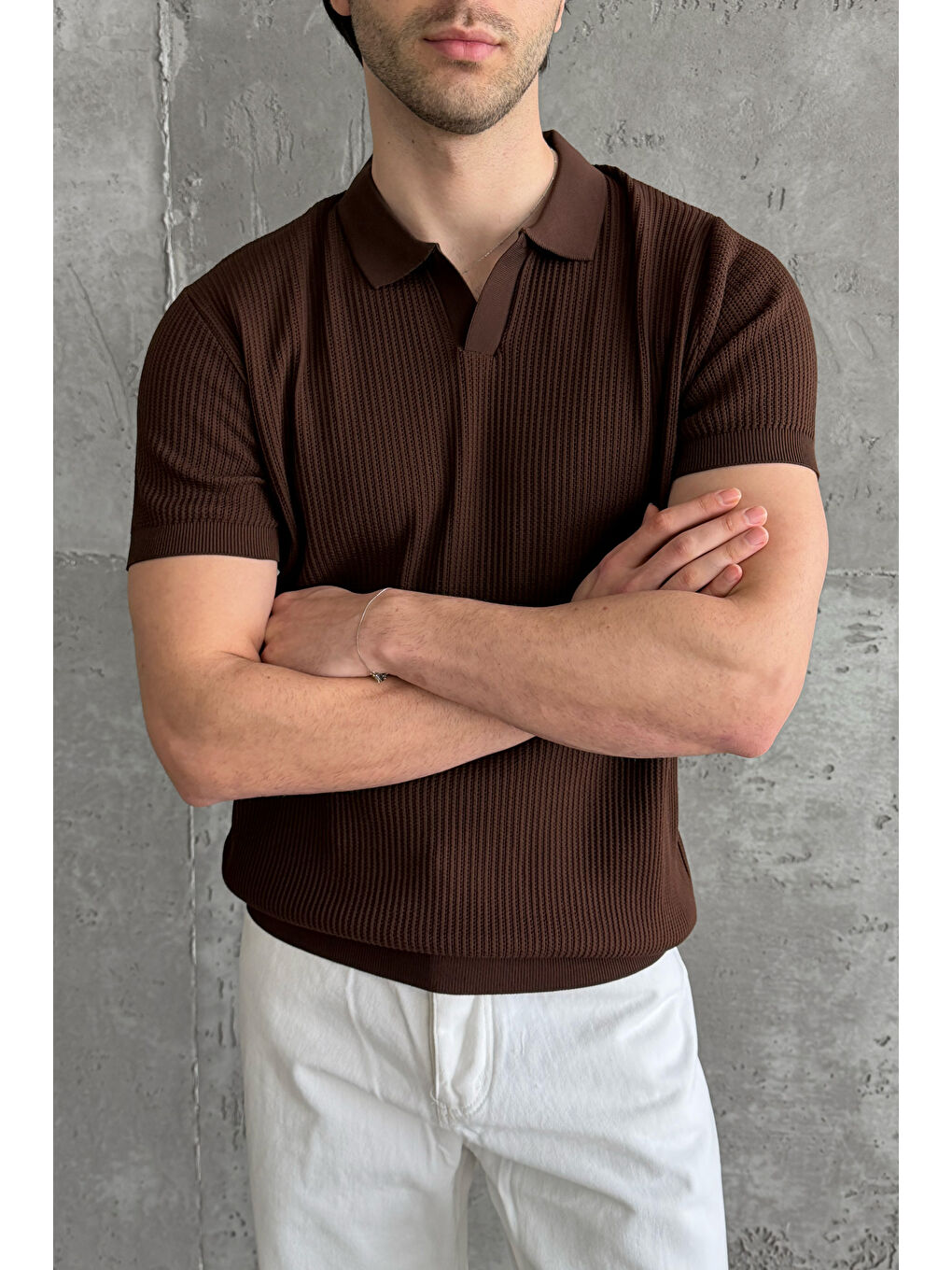 Kahverengi Erkek Petek Desen Polo Yaka Triko T-shirt-2