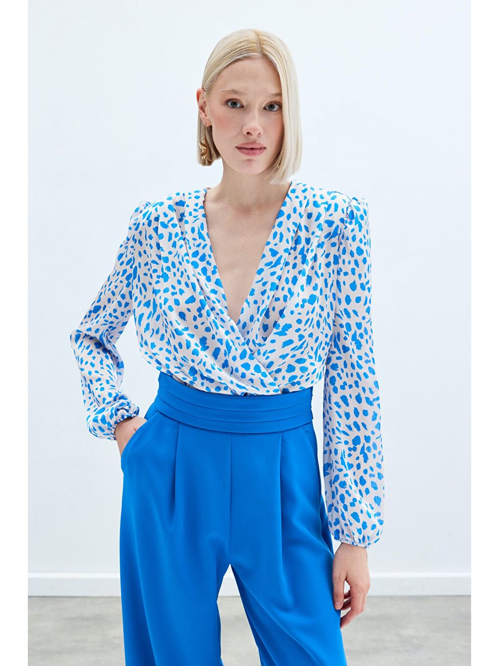 Kruvaze Desenli Bodysuit - Lacivert-2