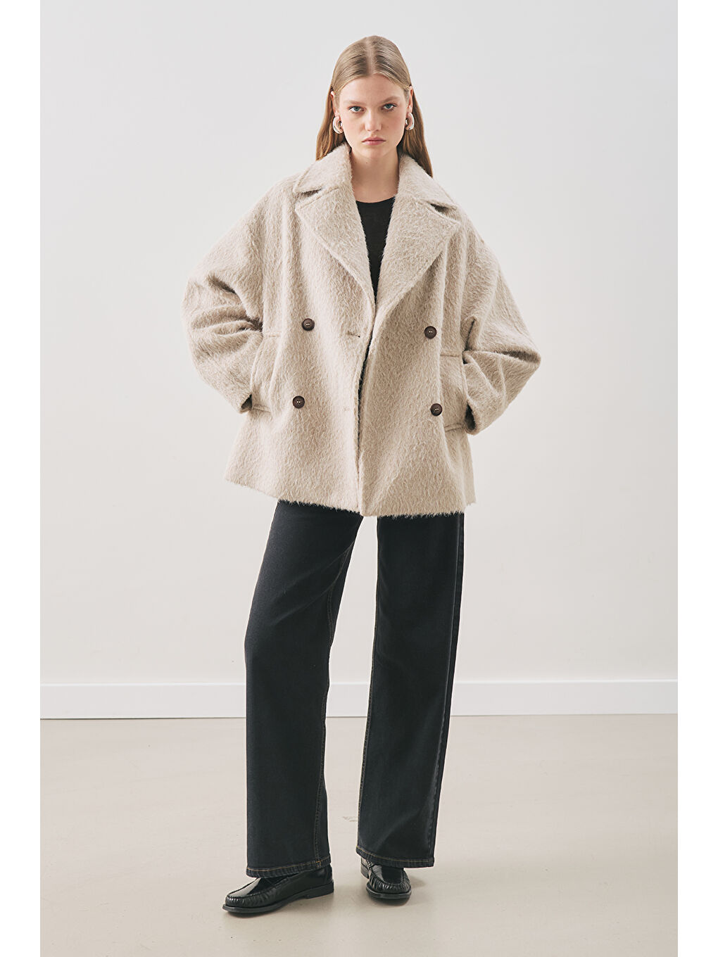 Bej Boucle Kruvaze Kaban Vizon-1