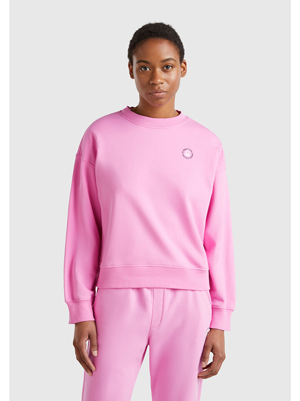 Kadın Pembe Pamuk Karışımlı Logo Baskılı Bisiklet Yaka Sweatshirt