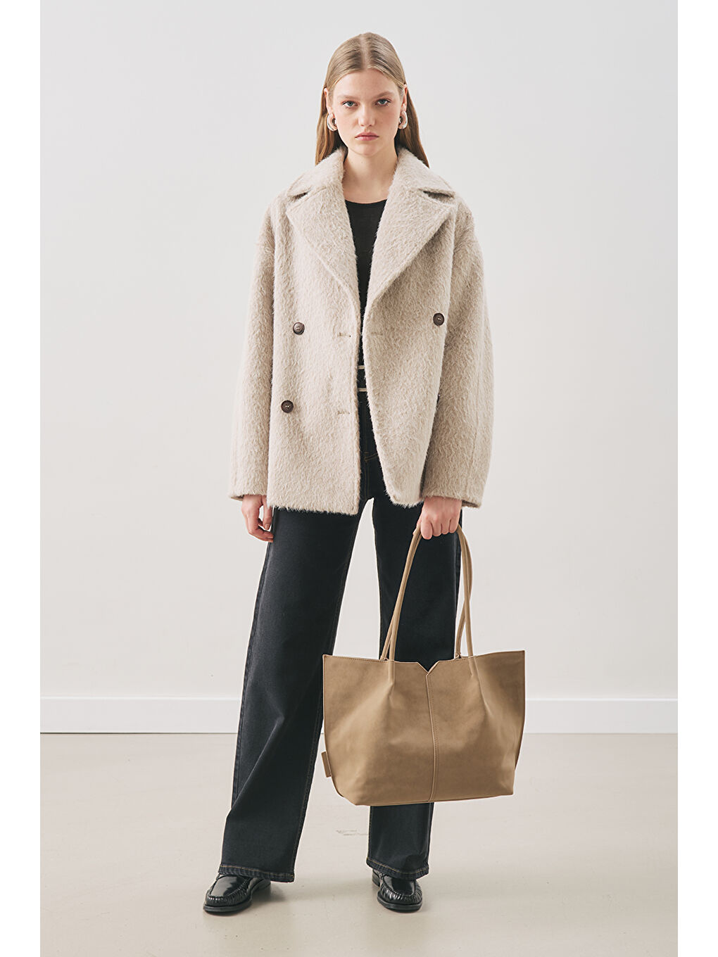 Bej Boucle Kruvaze Kaban Vizon-2