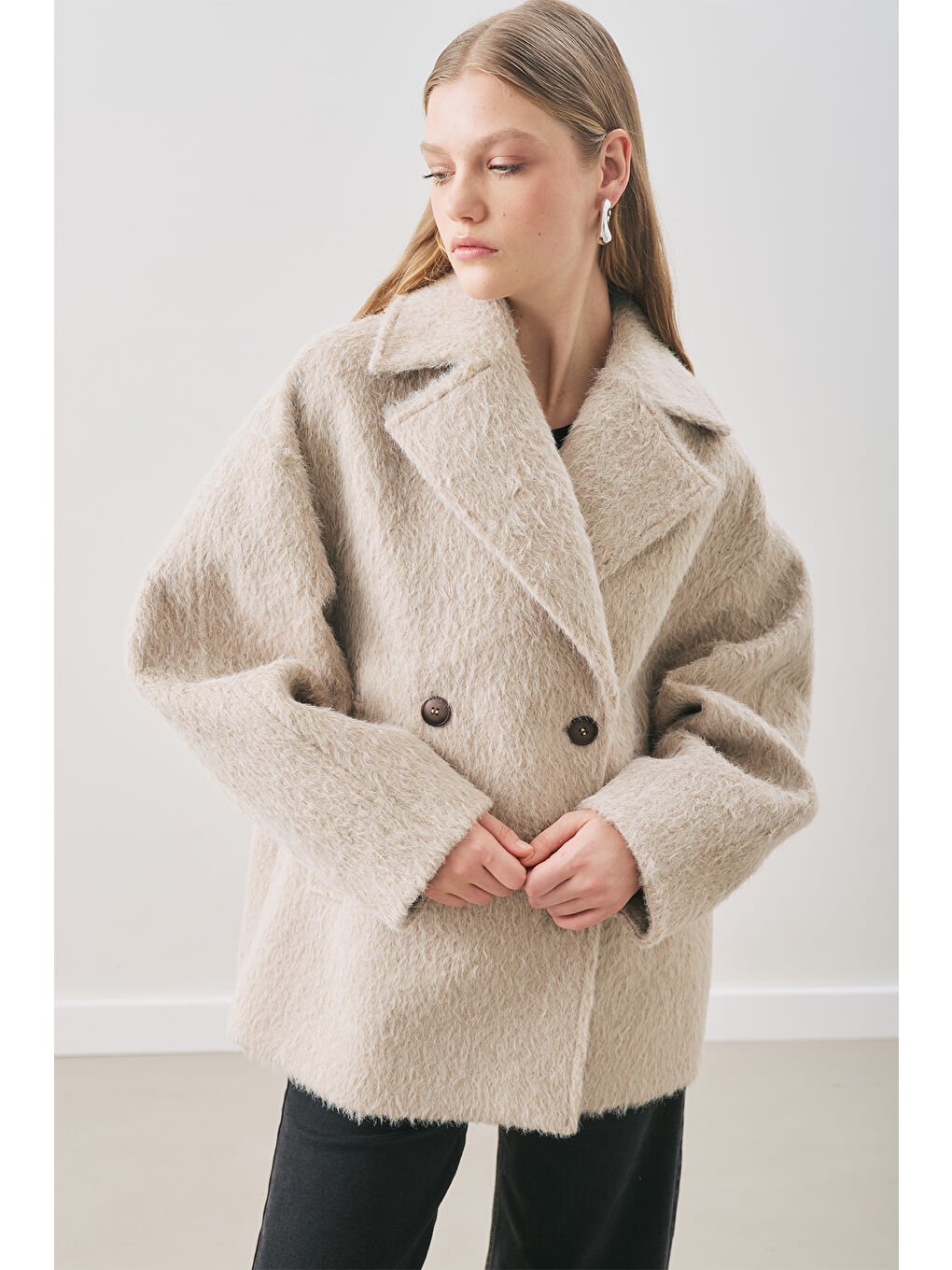 Bej Boucle Kruvaze Kaban Vizon-3