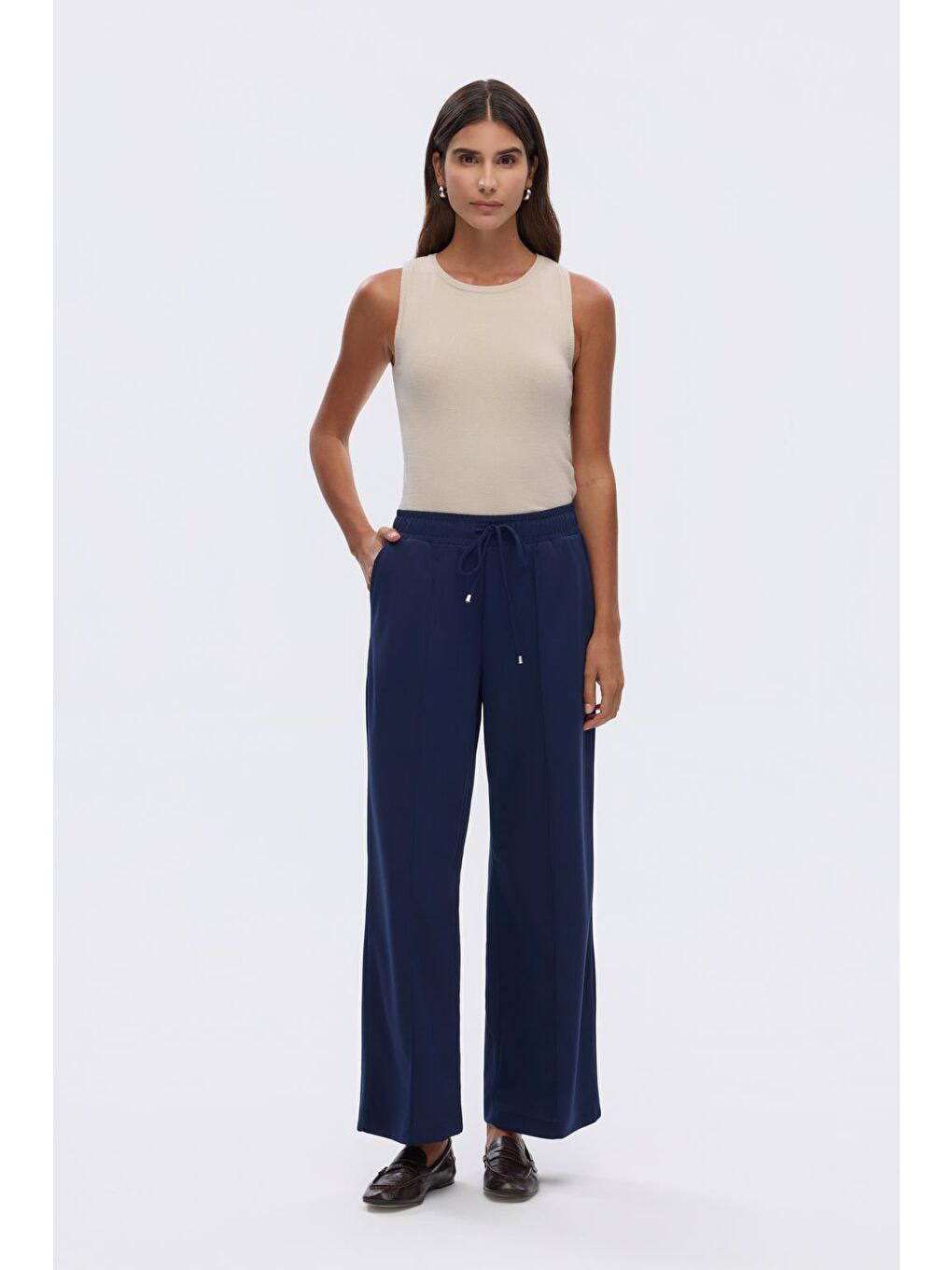 Yüksek Bel Dikiş Detaylı Krep Kumaş Pantolon Lacivert