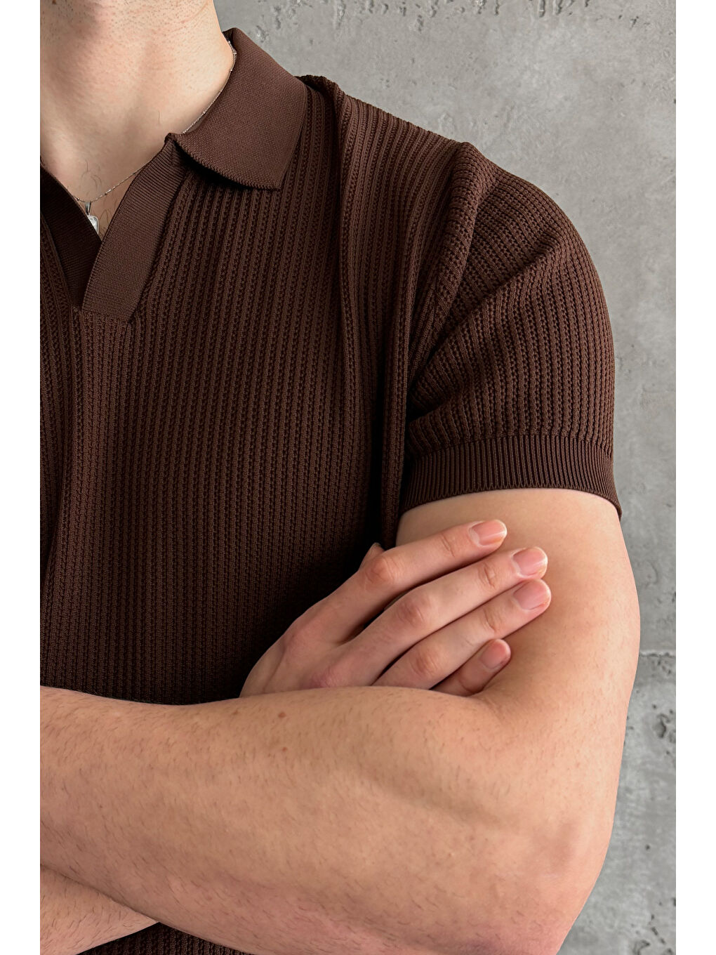Kahverengi Erkek Petek Desen Polo Yaka Triko T-shirt-3