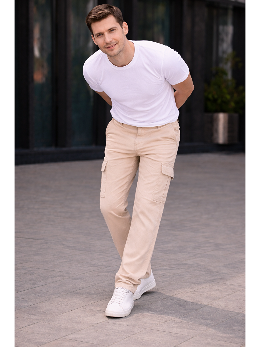 Erkek Trend Bol Paça Günlük Kargo Bej Baggy Pantolon-2