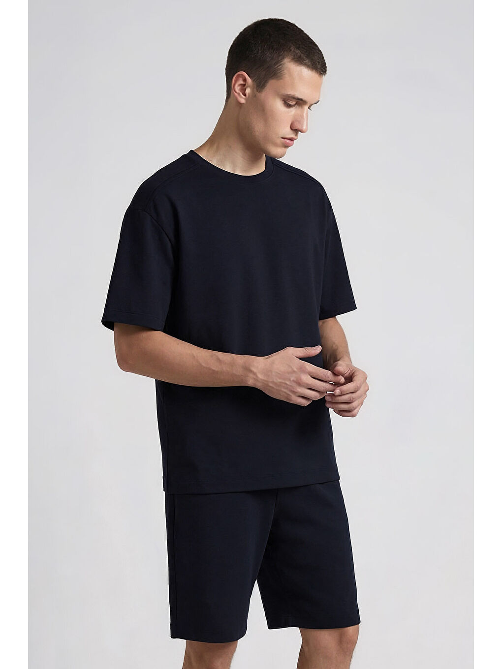 Lacivert Oversize Fit Basic Erkek Şort Takım - 85292-3