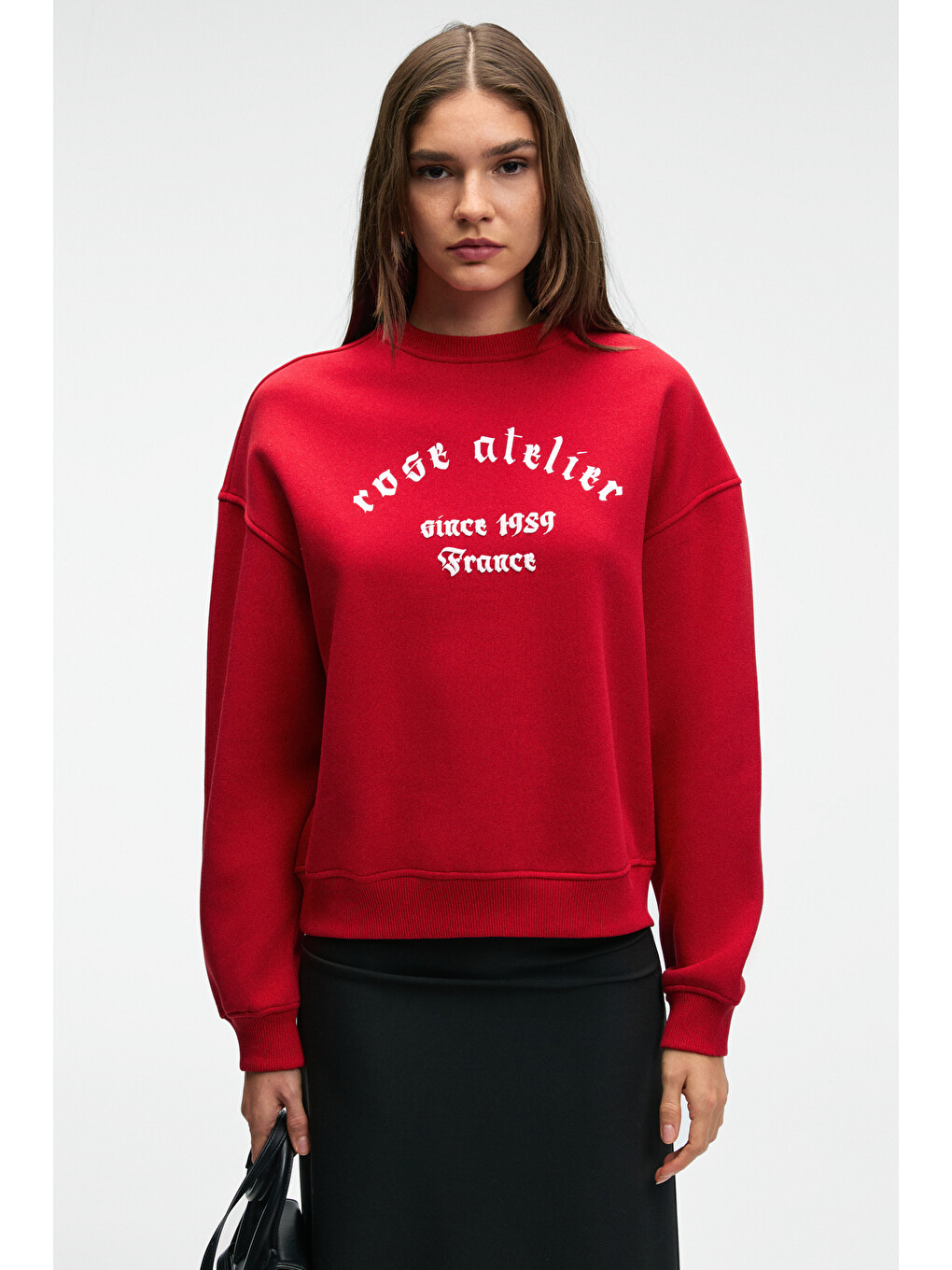 Morevessa Kadın Regular Fit Baskı Detaylı Yuvarlak Yakalı Kırmızı Sweatshirt