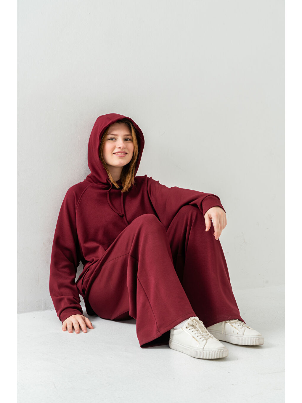 Bordo Kumaşlı Kapüşonlu Kadın Sweat Takım-3