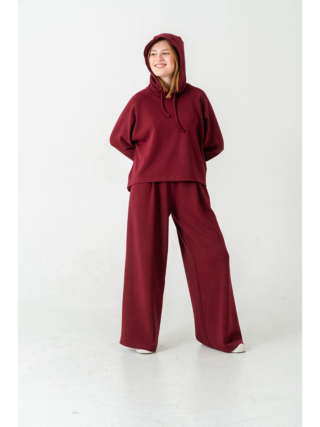 Bordo Kumaşlı Kapüşonlu Kadın Sweat Takım-4