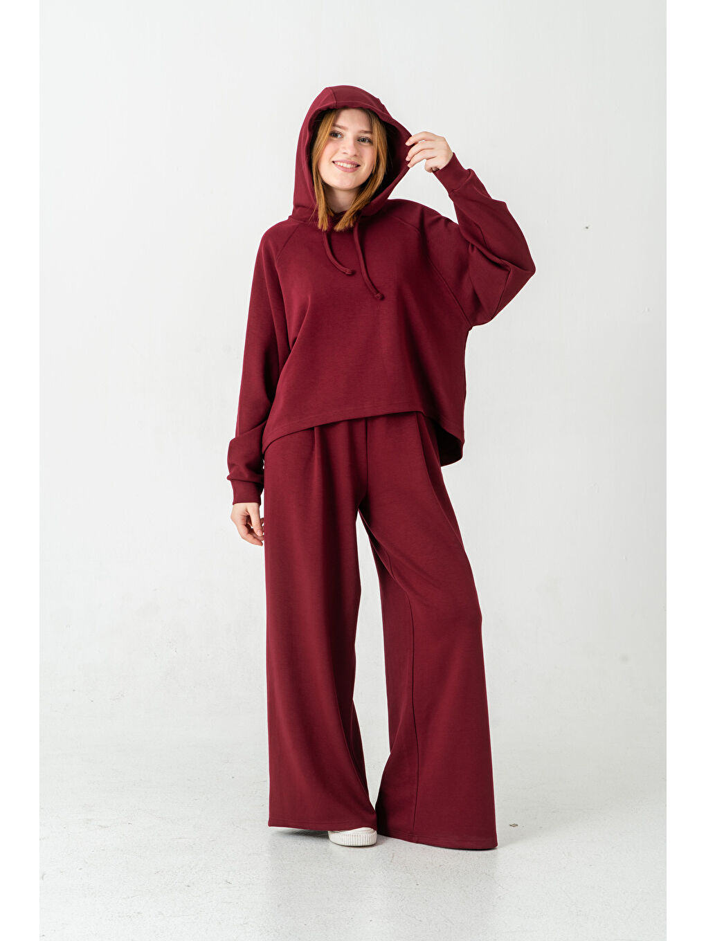 Bordo Kumaşlı Kapüşonlu Kadın Sweat Takım-5