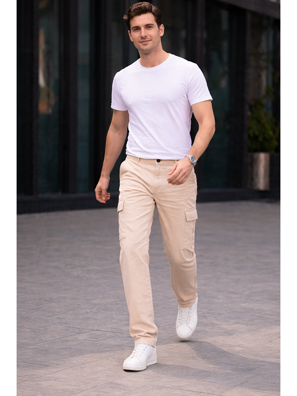 Erkek Trend Bol Paça Günlük Kargo Bej Baggy Pantolon-3