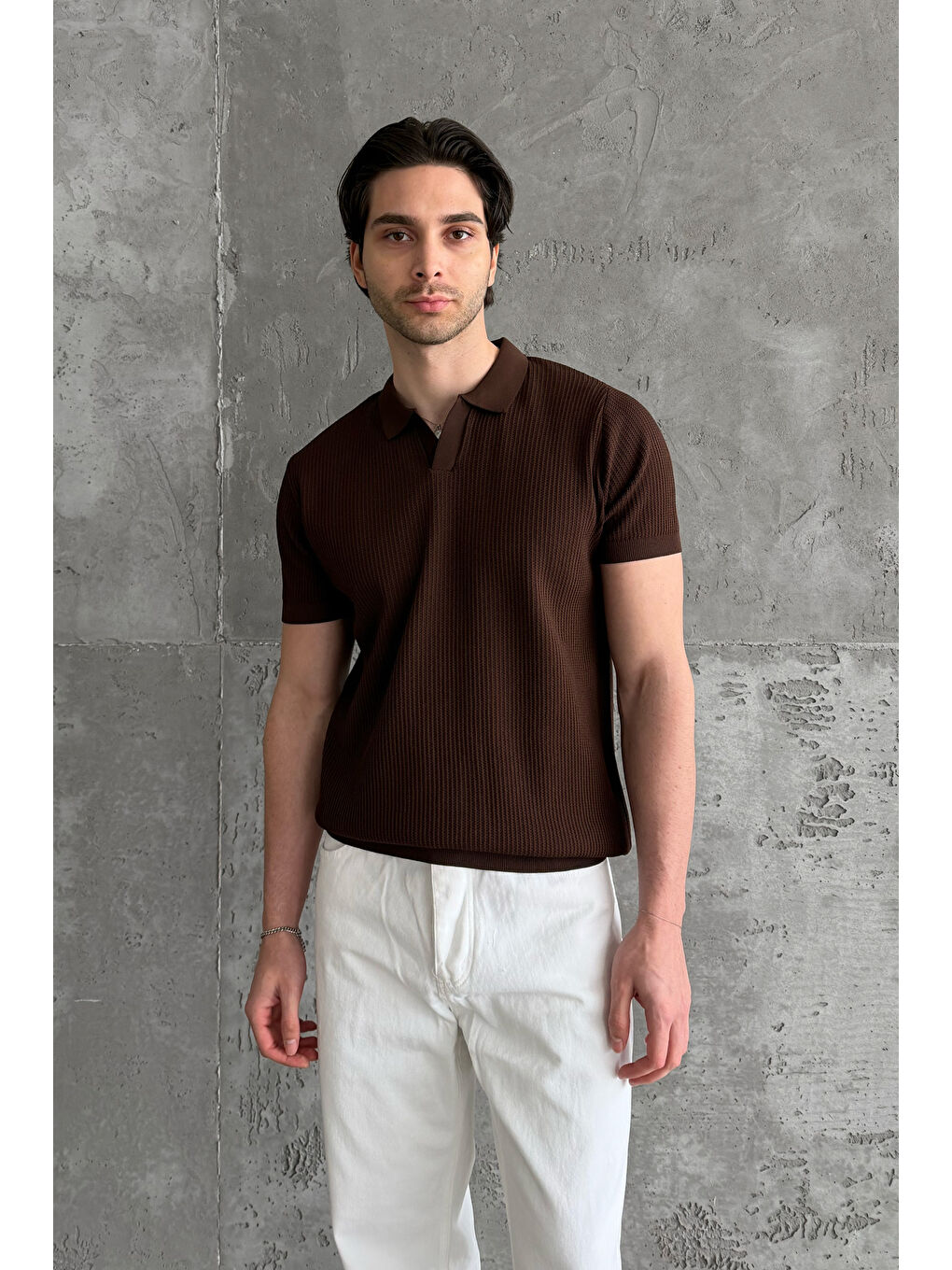 Kahverengi Erkek Petek Desen Polo Yaka Triko T-shirt-4