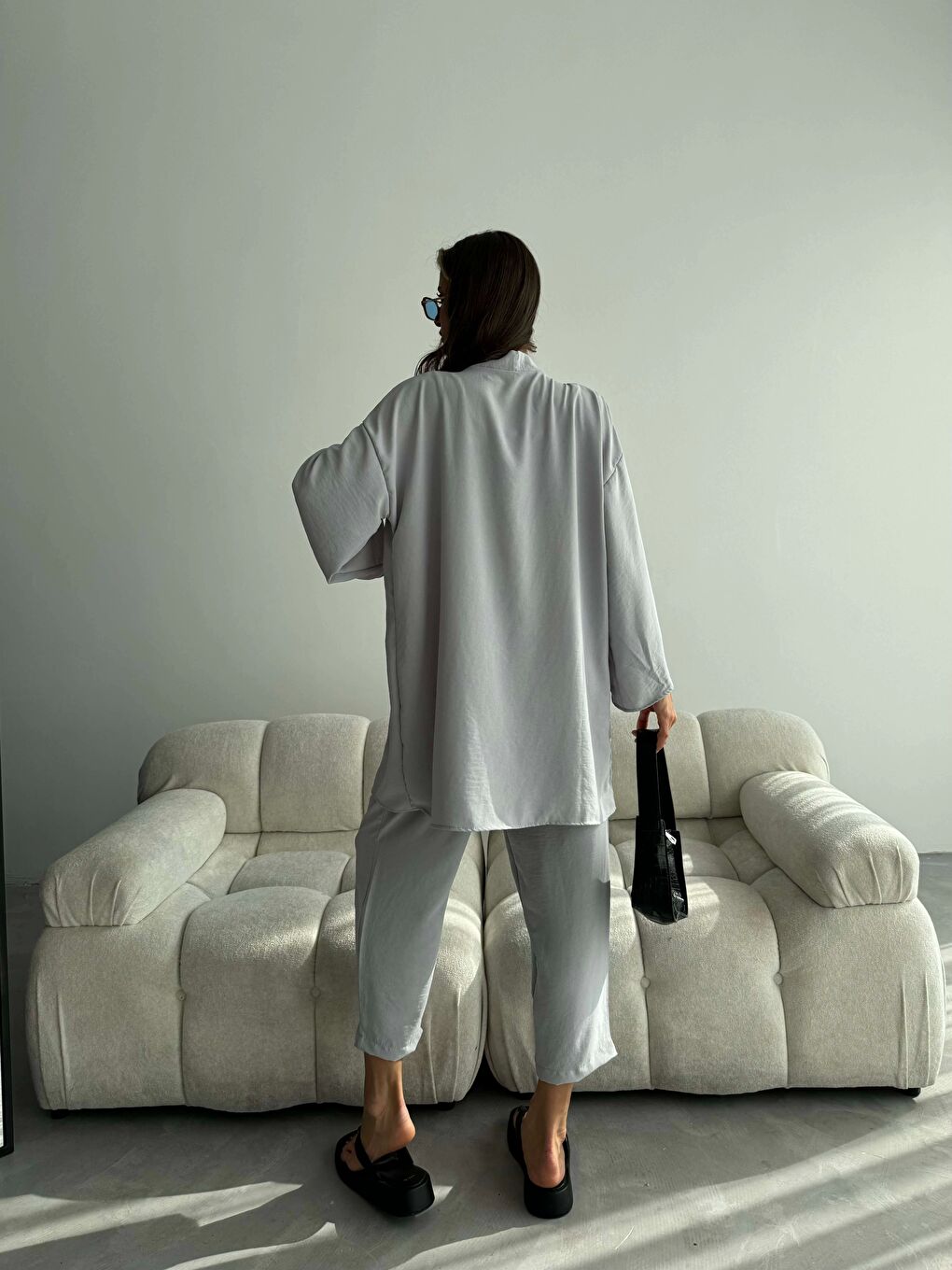 Kadın Gri Kimono Takım 1018-0075-6