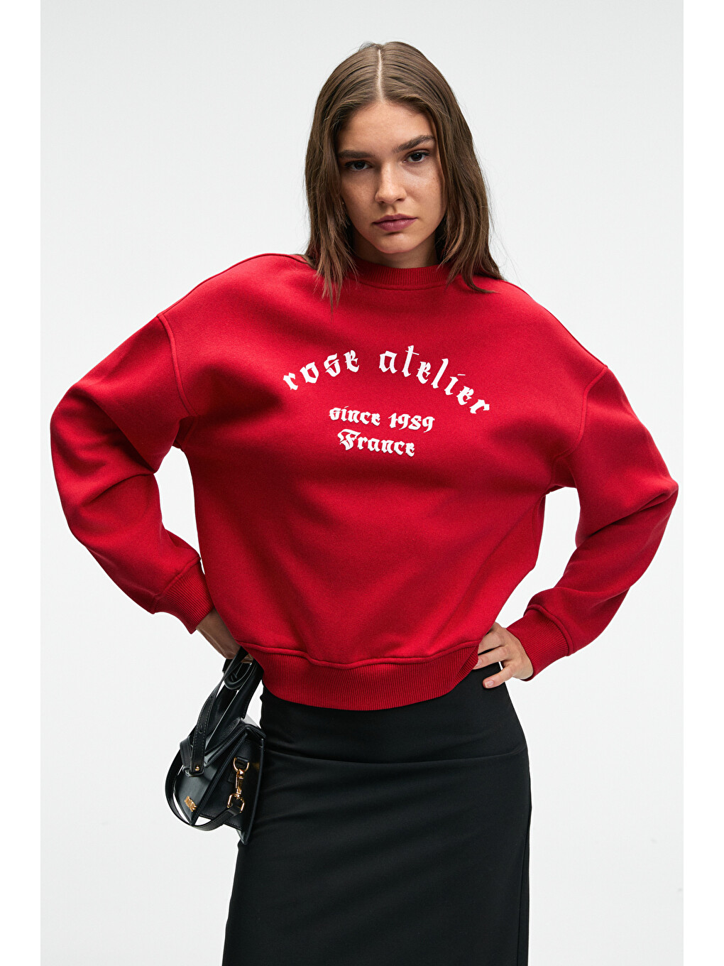 Morevessa Kadın Regular Fit Baskı Detaylı Yuvarlak Yakalı Kırmızı Sweatshirt-1