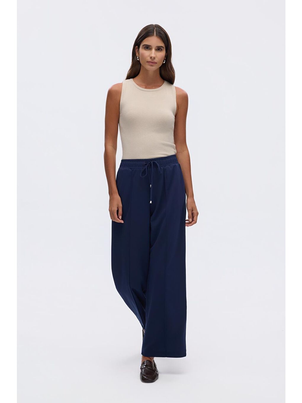 Yüksek Bel Dikiş Detaylı Krep Kumaş Pantolon Lacivert-2