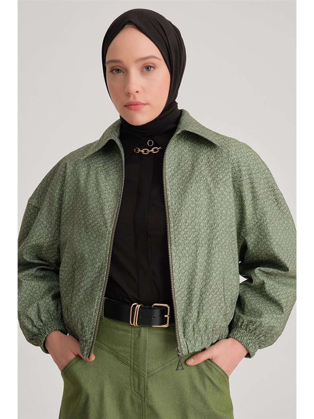 Baskılı Bomber Ceket 24Y5507 Yeşil-4