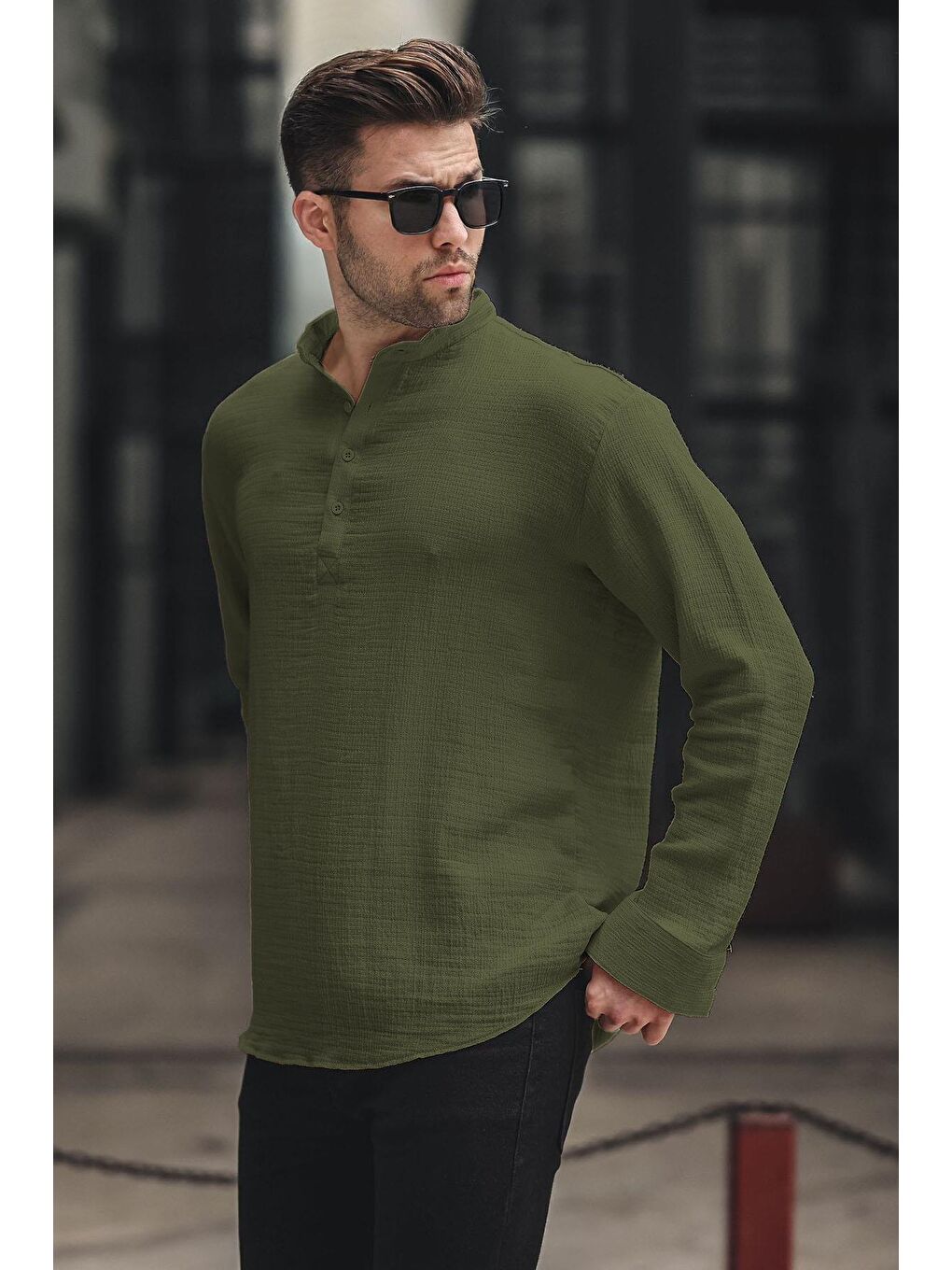 Haki Müslin Uzun Kollu Erkek Gömlek 6742
