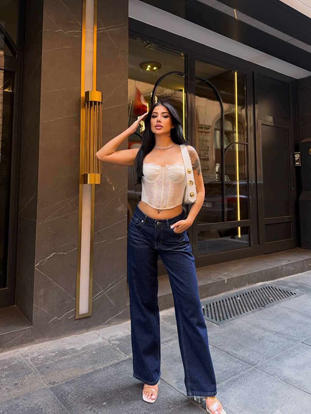 Lacivert İspanyol Paça Yüksek Bel Jean Pantalon-3