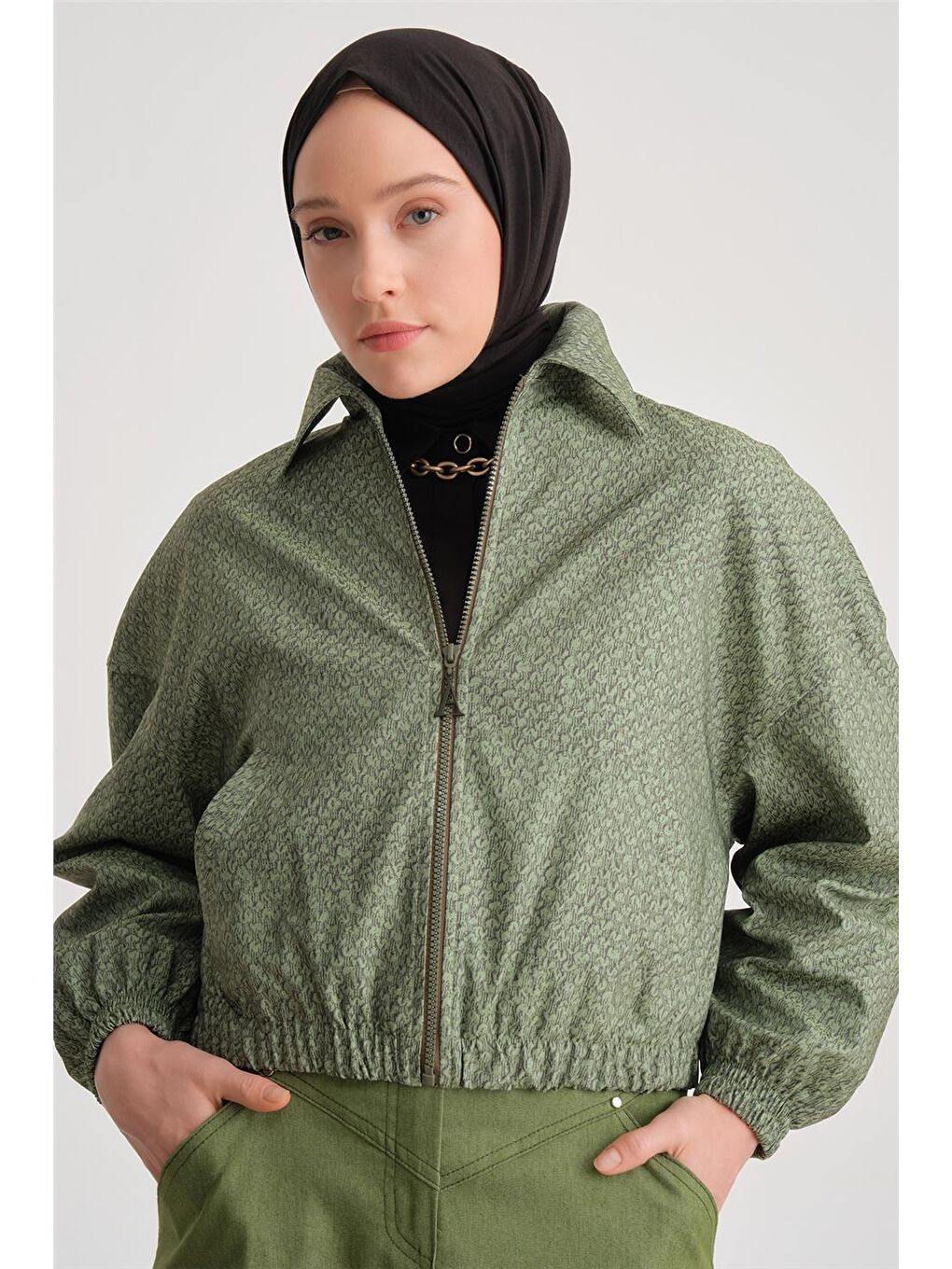 Baskılı Bomber Ceket 24Y5507 Yeşil-5