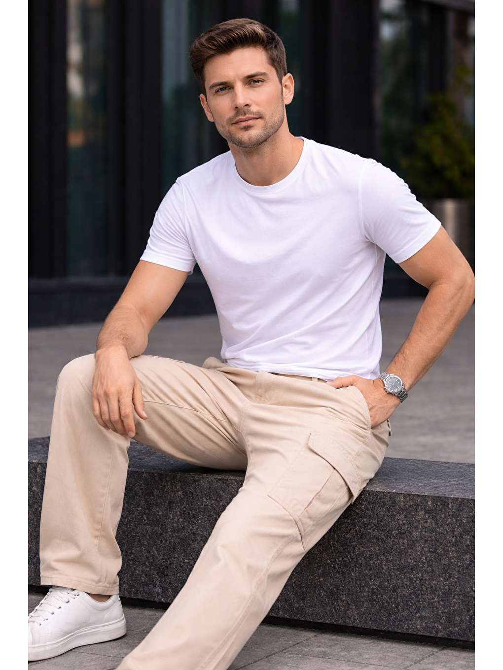 Erkek Trend Bol Paça Günlük Kargo Bej Baggy Pantolon-4