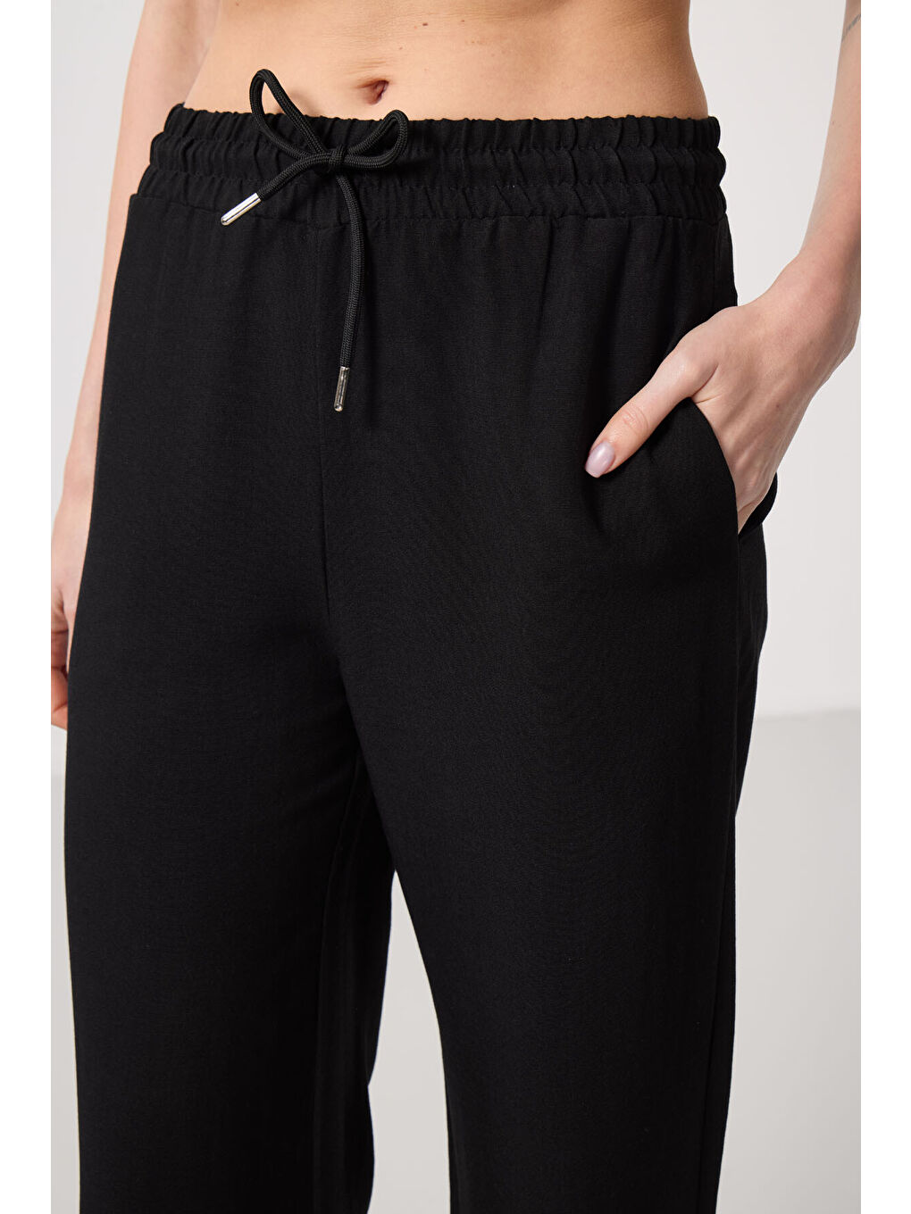 Siyah Keten Geniş Paça Rahat Form Kadın Palazzo Pantolon - 94675-2