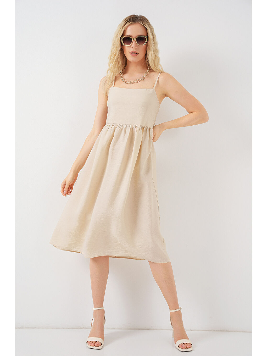 Ekru Kadın Askılı Ayrobin Elbise 2565 - Krem-1