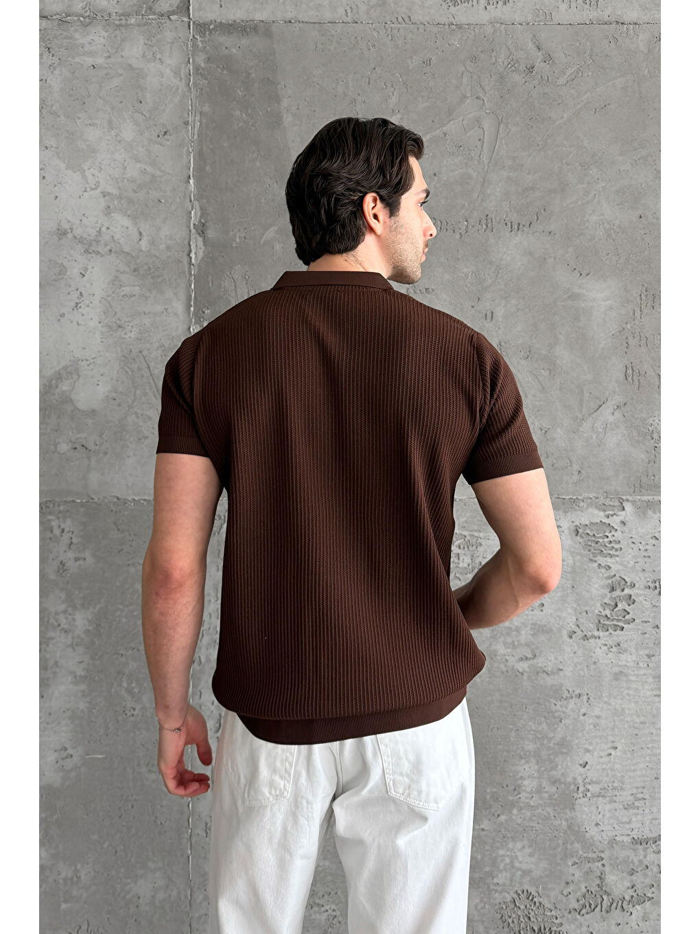 Kahverengi Erkek Petek Desen Polo Yaka Triko T-shirt-5
