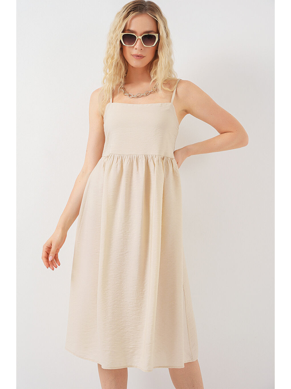 Ekru Kadın Askılı Ayrobin Elbise 2565 - Krem-3