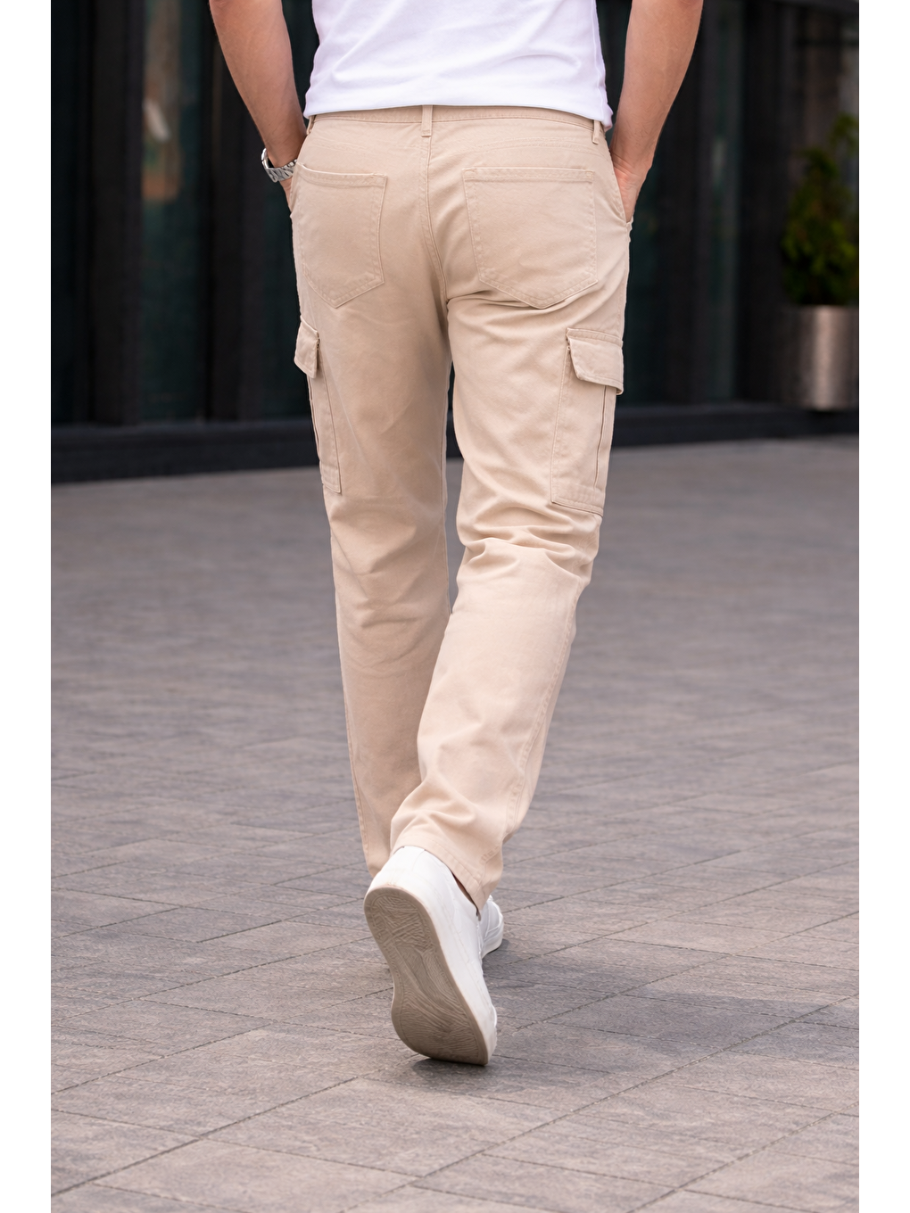Erkek Trend Bol Paça Günlük Kargo Bej Baggy Pantolon-5