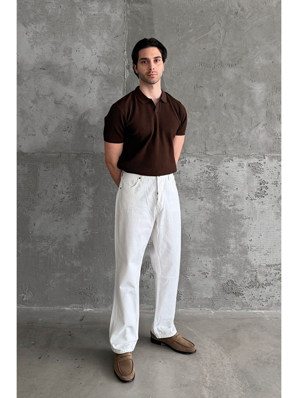 Kahverengi Erkek Petek Desen Polo Yaka Triko T-shirt-6