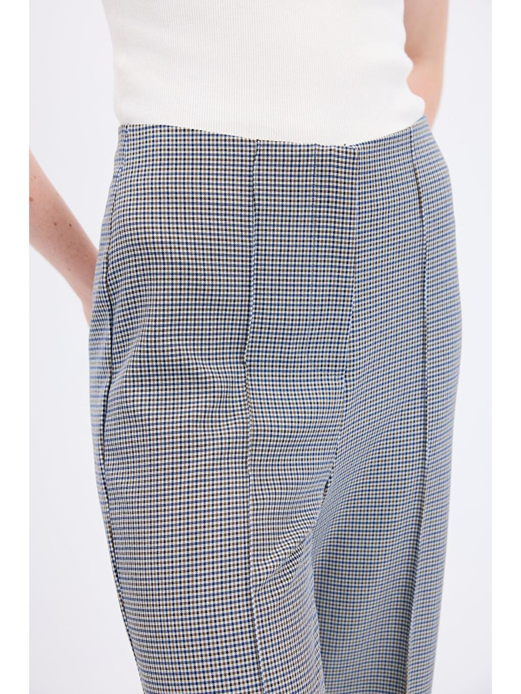 Yüksek Bel Fit Kesim Ekose Desenli Pantolon Lacivert-2