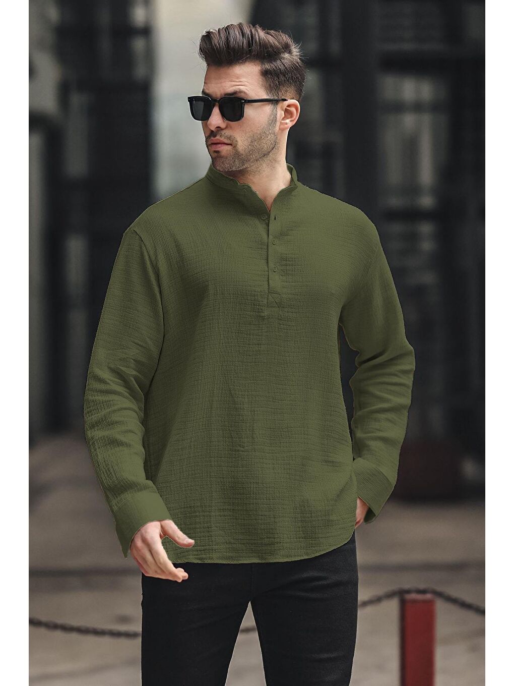 Haki Müslin Uzun Kollu Erkek Gömlek 6742-1
