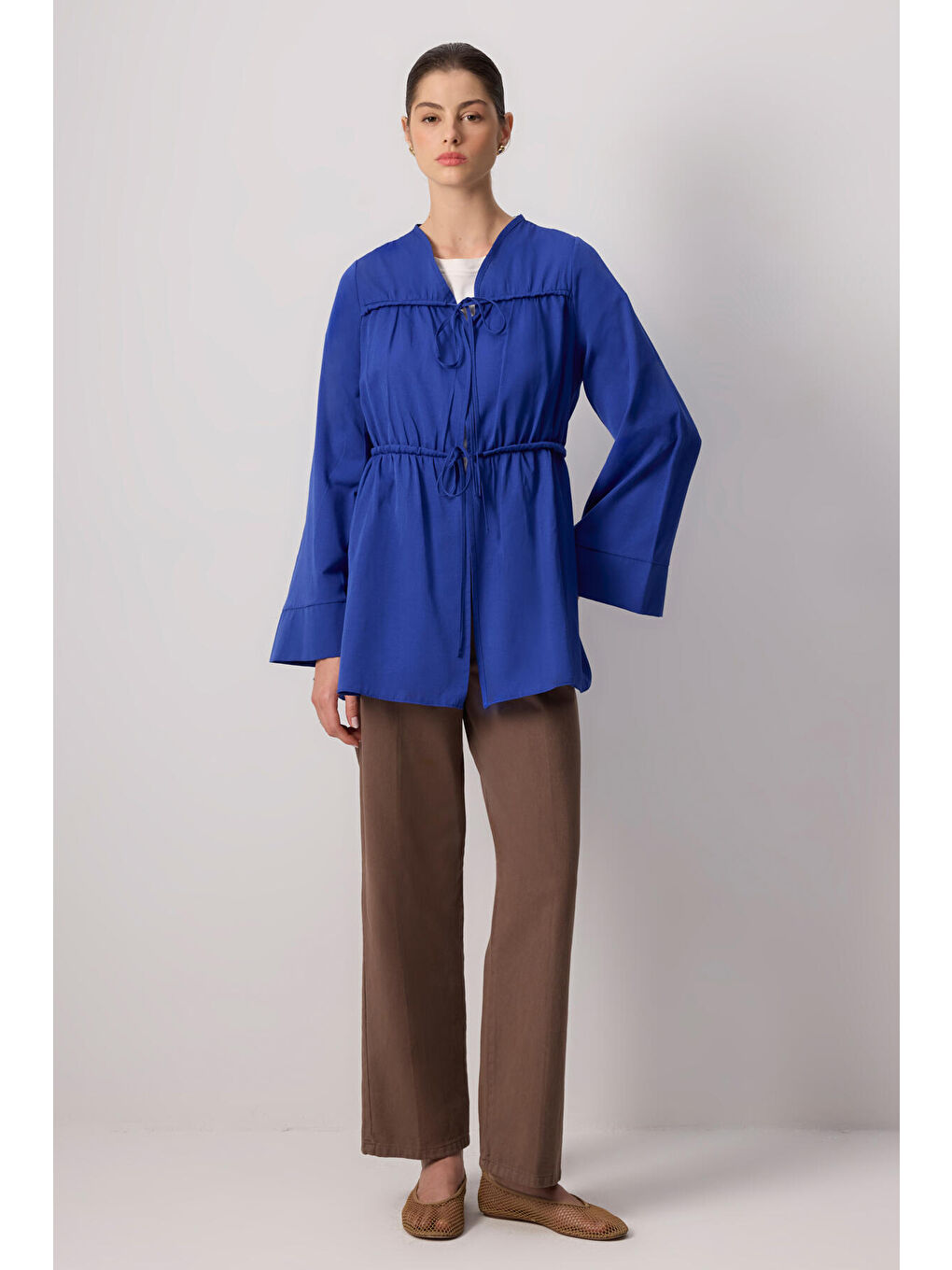 Mavi Önü Büzgülü Poplin Kimono