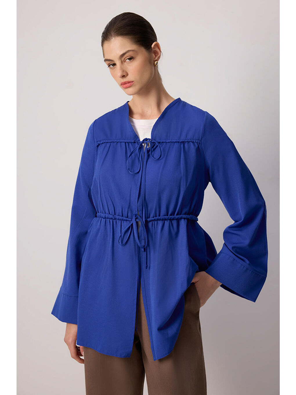 Mavi Önü Büzgülü Poplin Kimono-1