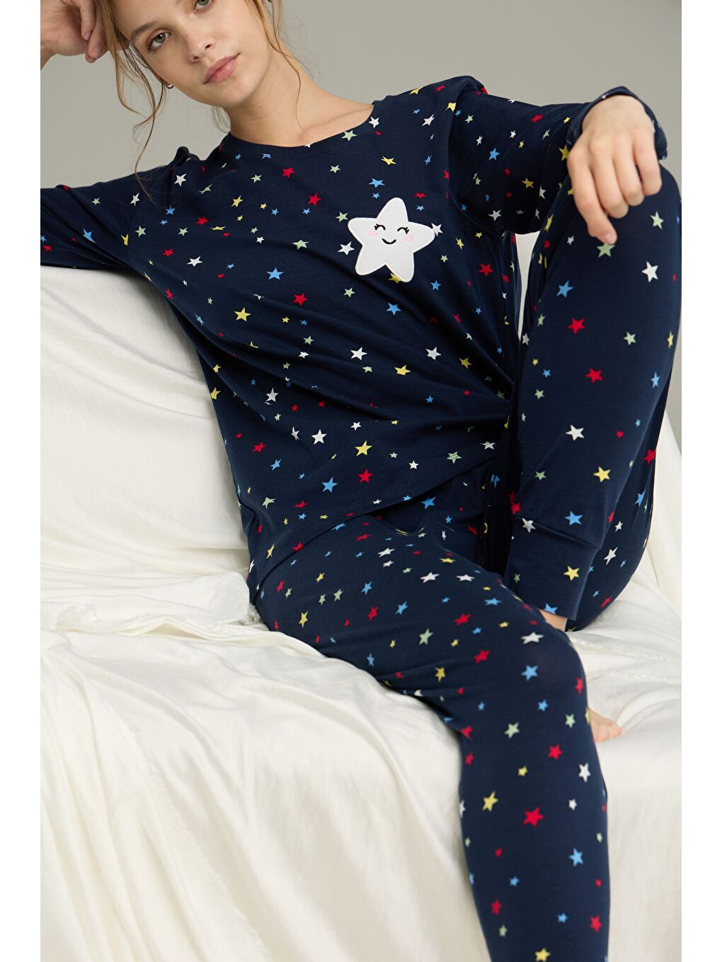 Lacivert Yıldız Desenli Pamuklu Bisiklet Yaka Örme Pijama Takım25241130