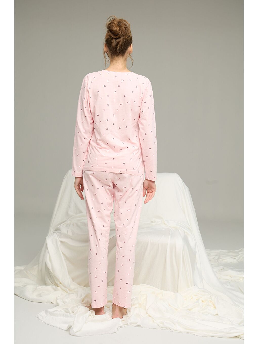 Pembe Kalp Desenli Pamuklu Bisiklet Yaka Örme Pijama Takım25241127-2