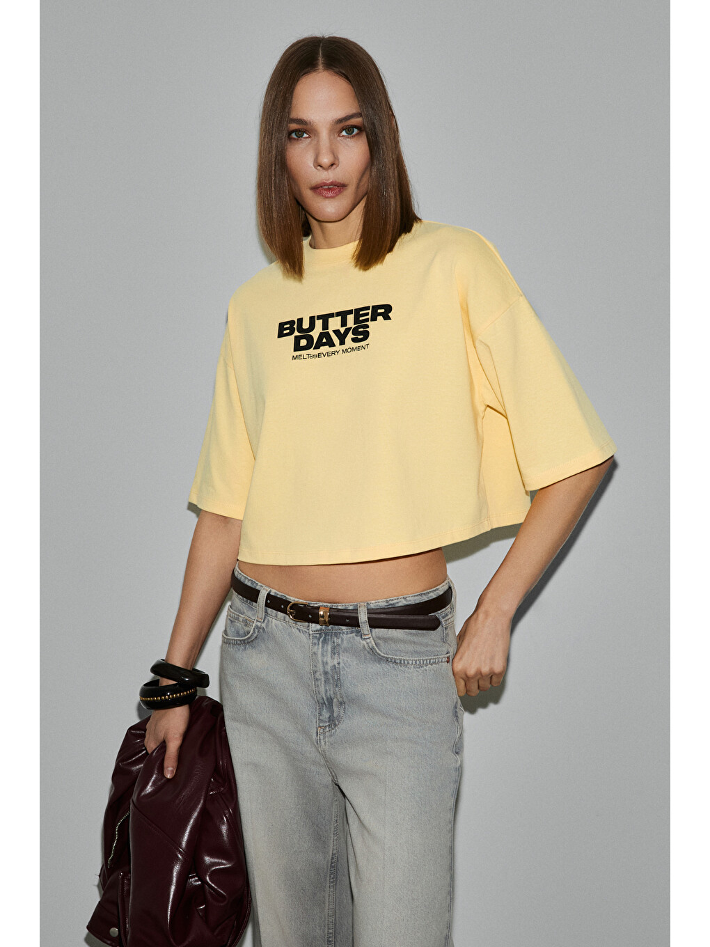 Junarıve Kadın Organik Pamuklu Bisiklet Yaka Baskılı Kısa Kollu Sarı T-shirt-3