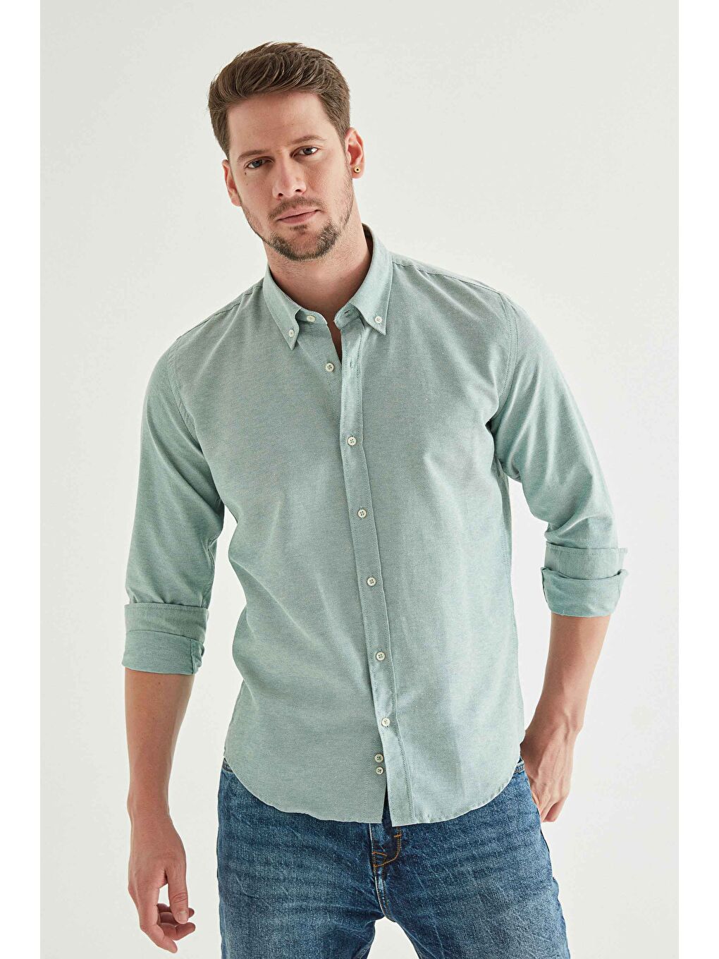Slim Fit Yeşil Armürlü Düğmeli Yaka Pamuklu Gömlek